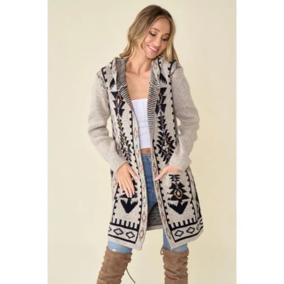Oatmeal Aztec Rainbow Western Hooded Knit Cardigan Long Sleeve Open Sweater - Picture 10 of 14